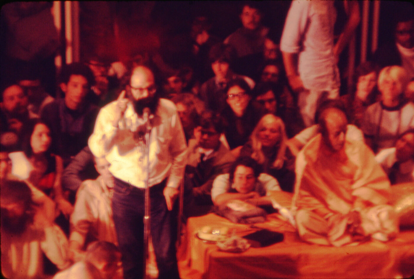 Allen Ginsberg and Srila Prabhupada at a joint public program in Hitchcock Hall, Ohio State University, 12 May 1969.