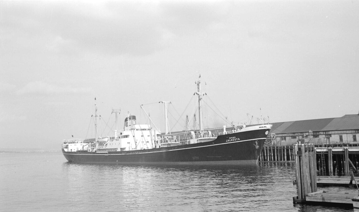 The MS Jaladuta, the cargo steamer on which Srila Prabhupada crossed the Atlantic to America in 1965, photographed docked at Vancouver, Canada in 1960.