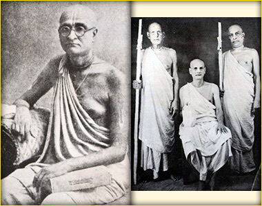 Srila Bhaktisiddhanta Sarasvati Thakura (left, seated) alongside three sannyasi godbrothers standing with danda staffs - the renounced order Srila Prabhupada entered when he took sannyasa in 1959.
