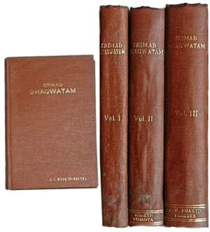 The first three leather-bound volumes of Srimad-Bhagavatam that A.C. Bhaktivedanta translated, printed, and published from Delhi in the early 1960s, before departing for America.