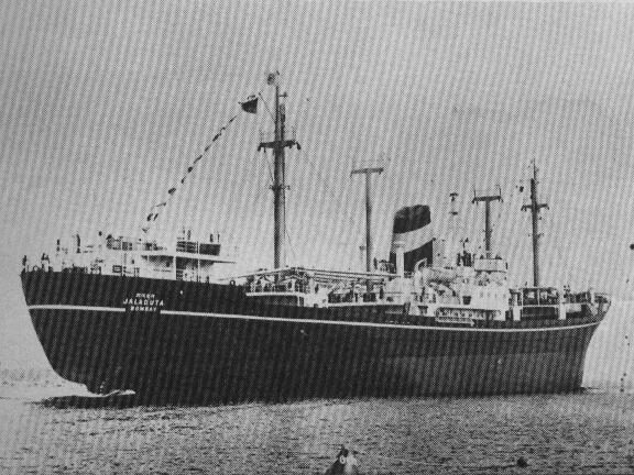 The MS Jaladuta under way at sea, the ship's name visible on its hull.