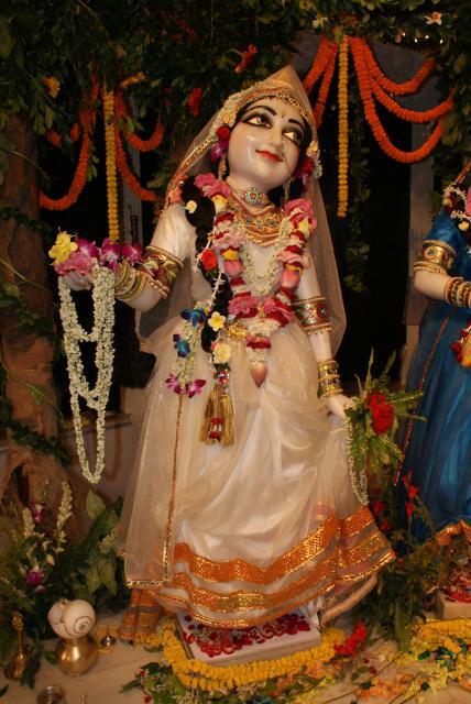 A devotional Deity image of Tungavidya-gopi, ISKCON Mayapur - the eternal spiritual identity in which Gaudiya Vaishnava tradition, following Kavi Karnapura's Gaura-ganoddesha-dipika, holds that Prabodhananda Saraswati serves Srimati Radhara