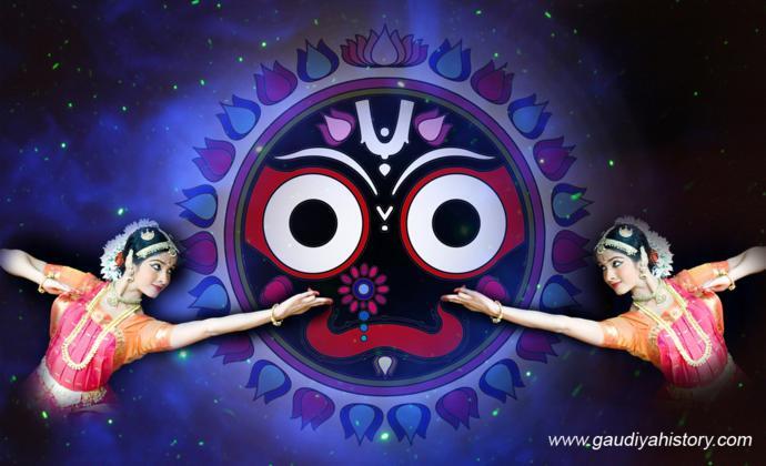 Lord Jagannatha's face flanked by two temple dancers in performance dress, evoking the devadasis whom Ramananda Raya was training in dance and song when Pradyumna Mishra first came to his home.