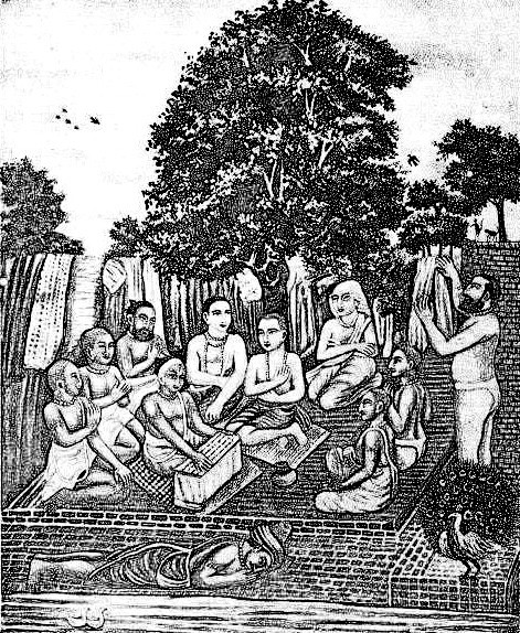 A sketch of an old painting showing King Prataparudra bowing before Sri Chaitanya Mahaprabhu and His assembled associates, after a painting long held by the Zamindar of Kunjaghata.