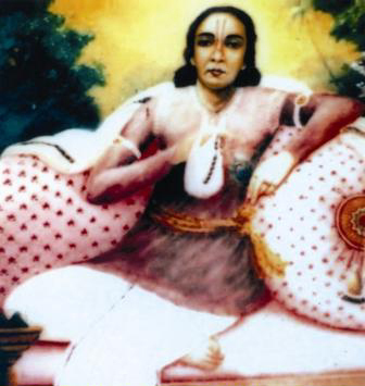 Traditional Gaudiya Vaishnava painting of Srila Pundarika Vidyanidhi reclining on bolster cushions, dressed as the wealthy Vaishnava he outwardly appeared to be.