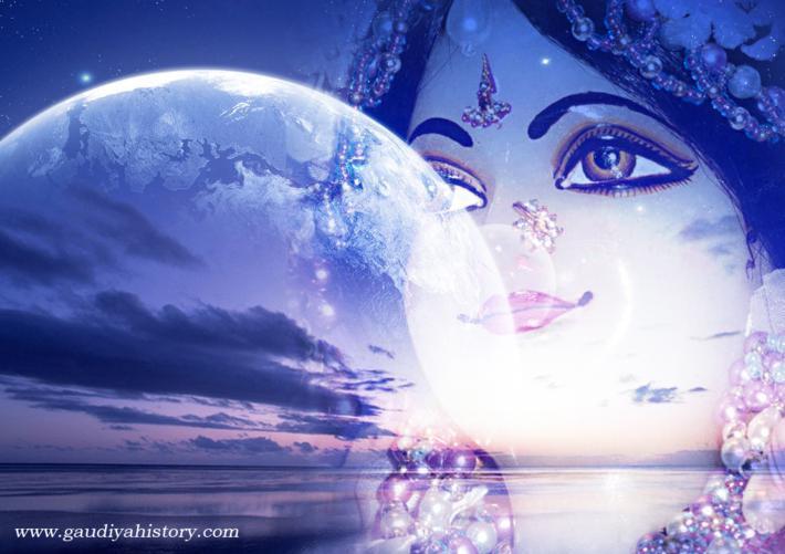 Devotional composite artwork of Srimati Radharani's face over a moonlit horizon, an evocative image used to close the account of Pundarika Vidyanidhi's eternal identity and legacy.