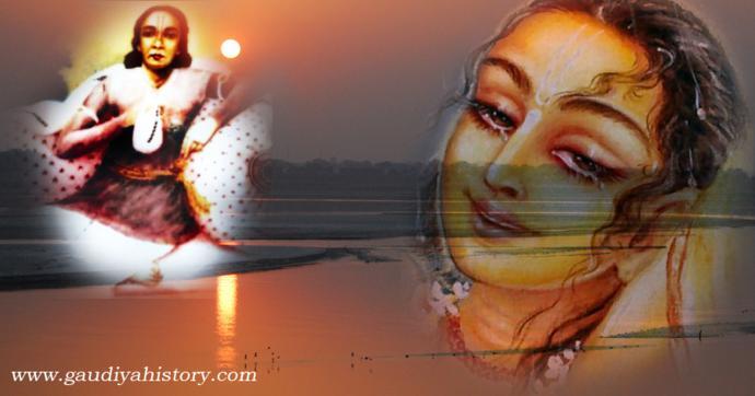 Devotional composite artwork pairing a painting of Pundarika Vidyanidhi with the tearful face of Srimati Radharani, evoking Mahaprabhu's longing to see him.