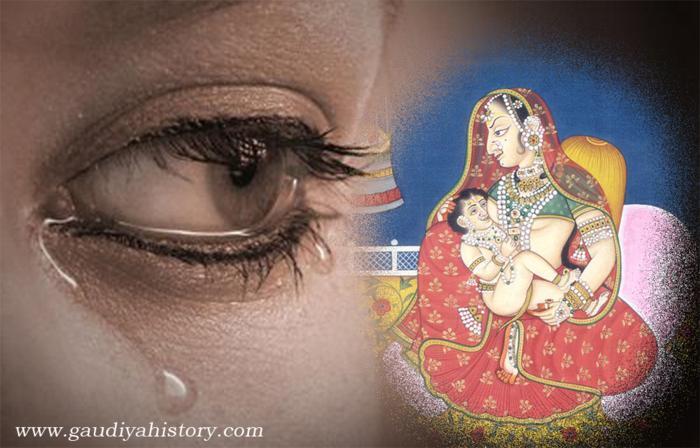 Devotional composite artwork of Putana nursing the infant Krishna, illustrating the Bhagavatam verse whose recitation broke Pundarika Vidyanidhi's composure before Gadadhara Pandit.