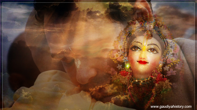 A devotional composite image of Sri Vijaya Gauranga (ISKCON Hungary, New Vraja Dham) with devotees embracing in the background — used here to illustrate the Lord's embrace of Purandara Acharya described in the article; the image is not a po
