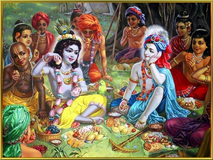 Traditional Gaudiya Vaishnava painting of Krishna and Balarama feasting with Their cowherd friends in Vraja, the kind of gopala company Purushottama Dasa Thakura is traditionally identified with.