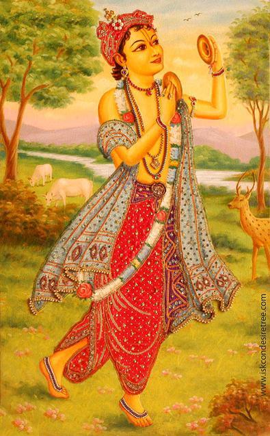 Traditional painting of Krishna as a young cowherd boy, dancing with cymbals among cows and deer in Vraja — evoking the eternal identity as the gopala Daman that Gaudiya tradition gives to Purushottama Dasa Thakura.