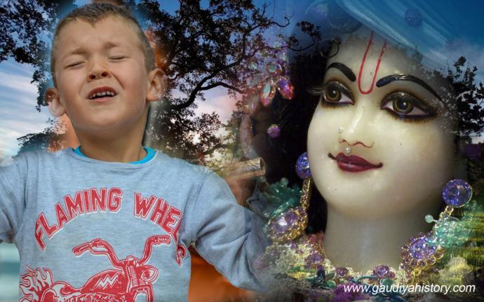 A young devotee dancing in sankirtana beside a close-up image of a Krishna Deity, used on gaudiyahistory.iskcondesiretree.com's page about Purushottama Dasa Thakura to evoke the ecstatic dancing his disciple Devakinandana Dasa describes him