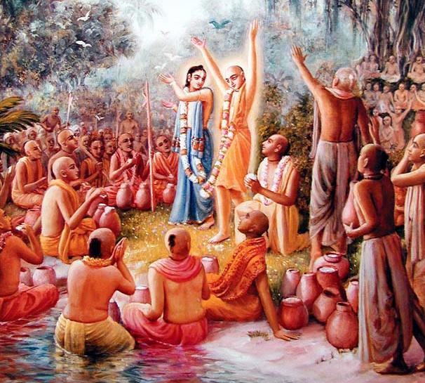 Traditional Gaudiya Vaishnava painting of the chida-dadhi-mahotsava at the Panihati riverbank, with Nityananda Prabhu and Sri Chaitanya Mahaprabhu dancing before the assembled devotees.