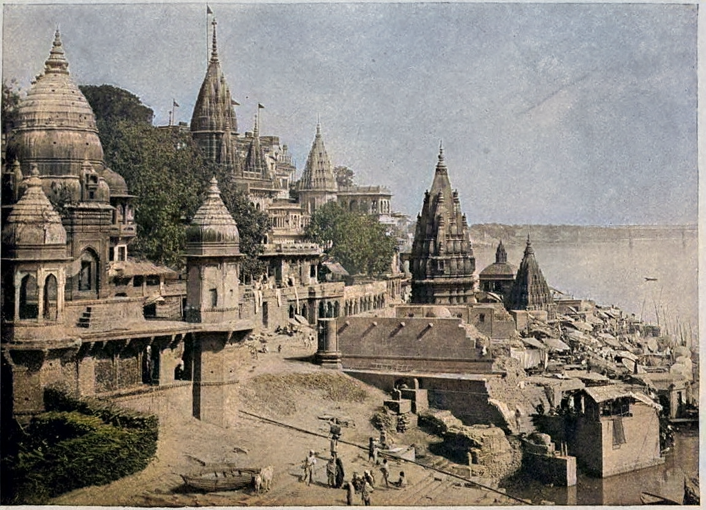 A 1905 photochrom view of Manikarnika Ghat on the Ganges at Varanasi (Kashi), the city where Tapana Mishra settled and Raghunatha Bhatta Goswami was born.
