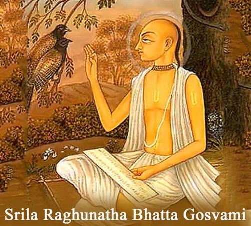 Devotional painting of Srila Raghunatha Bhatta Goswami absorbed in reciting Srimad-Bhagavatam, with the cuckoo traditionally associated with the sweetness of his voice.