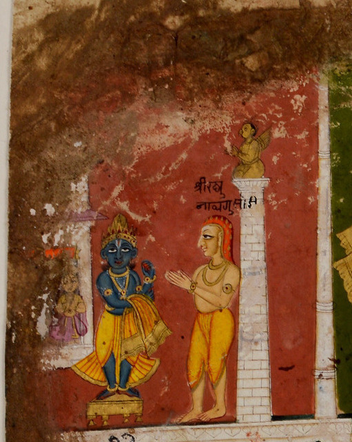 An 18th-century Bhaktamal manuscript painting from Bundelkhand, inscribed "sri raghunath gusai," showing Raghunatha Dasa Goswami standing before a deity of Krishna.