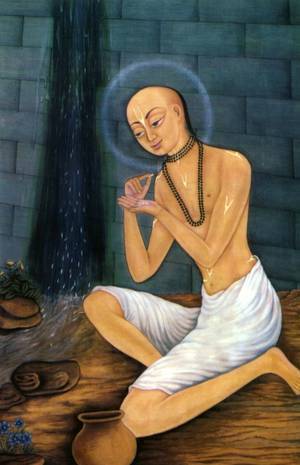 A devotional painting of Raghunatha Dasa Goswami seated beside flowing water at Radha-kunda, taking his small daily portion of food with folded hands.