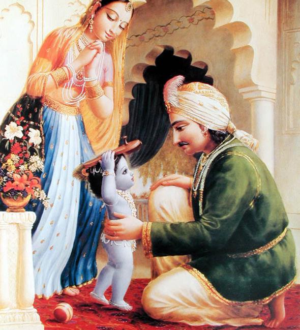 A devotional painting of child Krishna as Gopal standing between His parents, Nanda Maharaja and Yashoda Maharani, in a courtyard scene — used here to illustrate Raghupati Upadhyaya's best-known verse about worshipping Krishna in 'Nanda's c