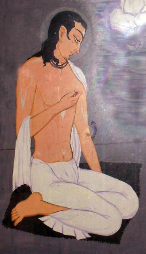 Traditional Gaudiya Vaishnava painting of Srila Ramachandra Kaviraja seated in meditation.