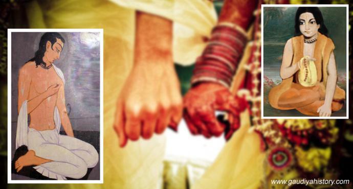 Composite devotional image of Ramachandra Kaviraja (left) and Shrinivasa Acharya (right), over a background photograph evoking the wedding procession at which the two first met.