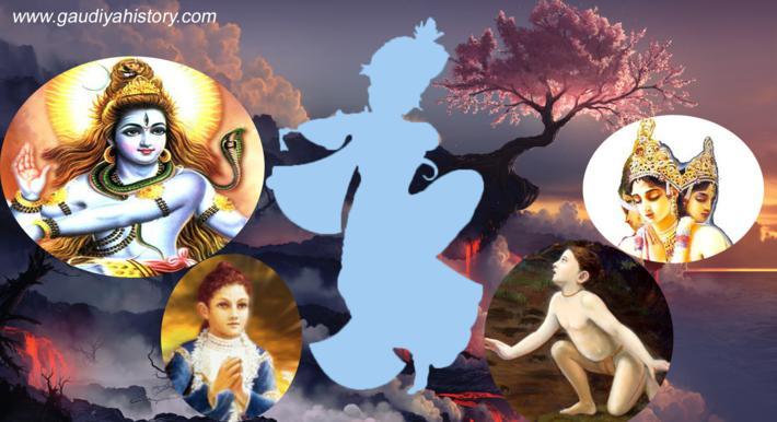 Devotional illustration of Lord Shiva, Radha-Krishna, and child devotees such as Dhruva and Prahlada, evoking the theological argument Ramachandra Kaviraja gave his Shakta relatives about the relationship between Krishna, Shiva, and Brahma.