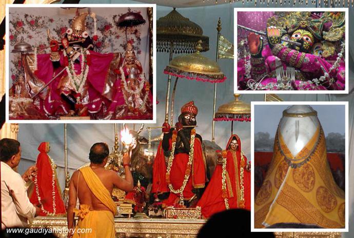 Deities of Vrindavana being offered arati, evoking the darshan of Sri Govinda, Sri Gopinatha and Sri Madana-mohana that Ramachandra Kaviraja was instructed to take on Jiva Goswami's order.