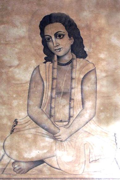 Traditional devotional painting of Srila Ramachandra Kaviraja, the disciple who disguised himself as a village shopkeeper at Kumarapura to defend Narottama Dasa Thakura's mission.