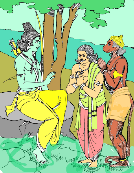 A traditional devotional illustration of Lord Ramachandra seated with Vibhishana and Hanuman — the earlier identity the Gaura-ganoddesha-dipika assigns to the soul who became Ramachandra Puri.