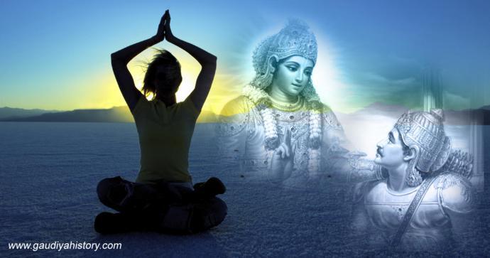 A composite devotional image of Krishna instructing Arjuna alongside a meditating figure, illustrating the Bhagavad-gita verse on regulated yoga practice (6.16-17) that Ramachandra Puri himself quoted to Sri Chaitanya Mahaprabhu.