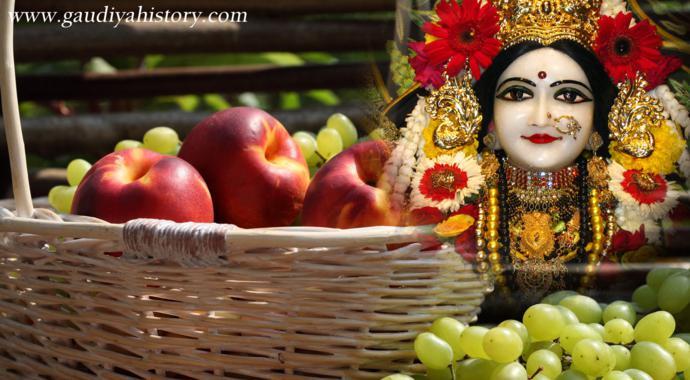 A devotional composite of Sitadevi and forest fruits, evoking the brahmana's absorption in the belief that Sita herself was preparing the meal.