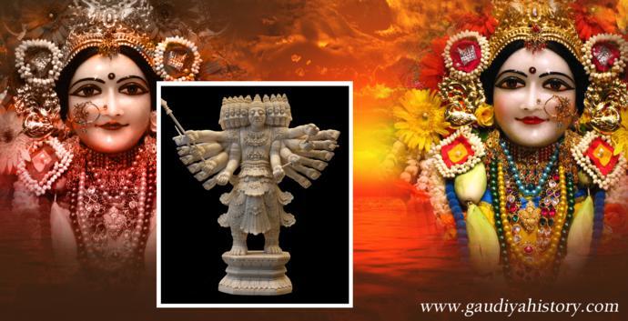 A devotional composite showing a Deity of the ten-headed Ravana alongside Sitadevi, illustrating the kidnapping the Kurma Purana passage explains as touching only Sita's illusory form.