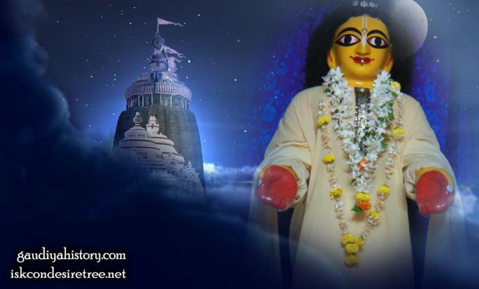 Devotional wallpaper showing the silhouette of the Jagannatha Temple at Puri beside a large devotional image of Lord Jagannatha, evoking the setting of Ramananda Raya's decades of service at Puri alongside Svarupa Damodara Goswami.