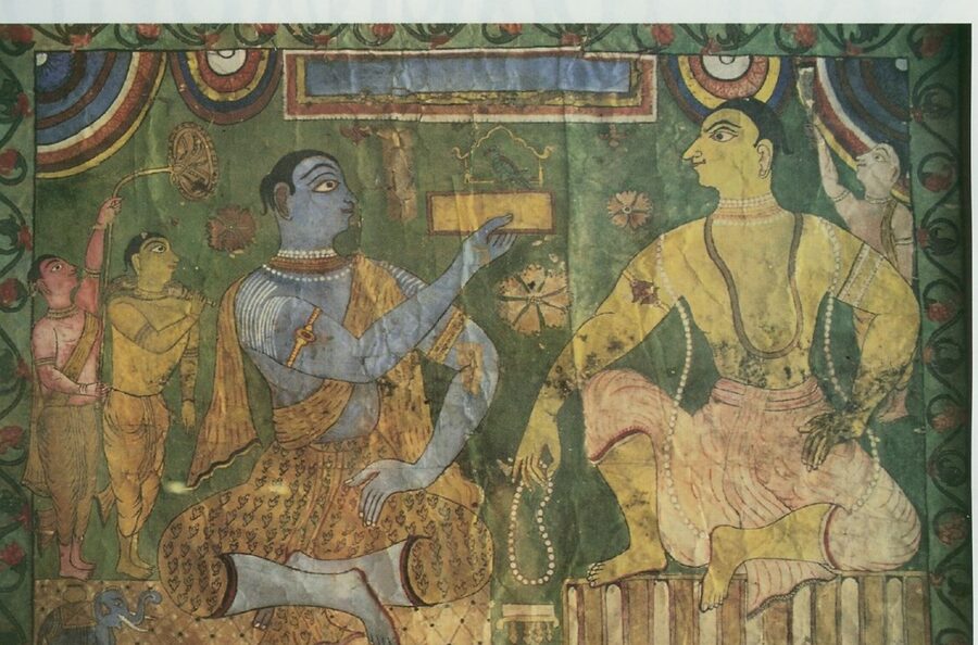 Traditional Orissan painting showing Rasikananda Prabhu seated with his guru Shyamananda Prabhu