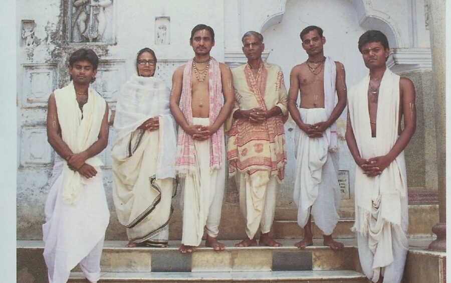 Members of the Dev Goswami family standing on the steps of the Gopiballabhpur temple, 1999
