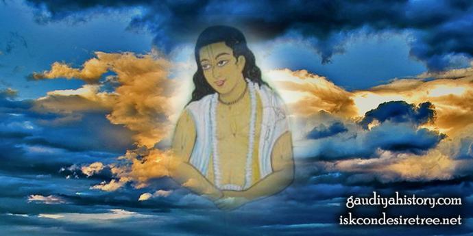 A devotional painting of Shyamananda Pandit, Rasikananda's guru, seated in meditation with Vaishnava tilaka.