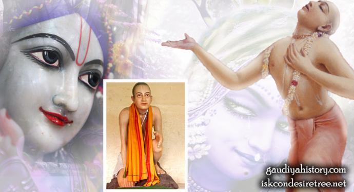 A devotional composite image of a renunciant Vaishnava kneeling in simple saffron cloth, paired with images evoking ecstatic devotion and a deity's face, symbolizing the turn from worldly life to renunciation.