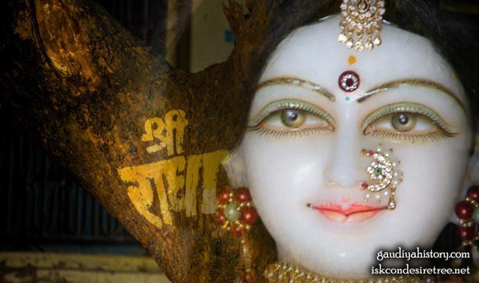 A close-up devotional photograph of a deity's face beside a tree trunk inscribed with the Bengali words "Sri Radha," evoking the deities Rupa Gosvami uncovered in the forest of Vrindavana.