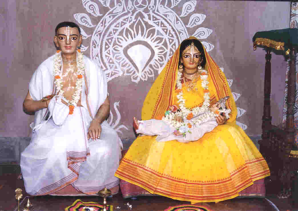 Murtis of Jagannatha Mishra, Sachi Devi and the newborn Vishvambhara at Yogapith, Sridhama Mayapur, marking the household where Sachi Devi raised her family.