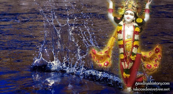 Devotional composite image of Sri Krishna Chaitanya (Deity from ISKCON Chennai) amid splashing water, evoking Sadashiva Pandit's role as one of the Lord's companions during water sports in the Ganges.