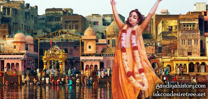 Devotional artwork of Chaitanya Mahaprabhu dancing in ecstasy at Vishrama Ghat, Mathura, on the Yamuna, where the Sanoriya brahmana first joined Him.
