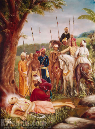 Painting of Chaitanya Mahaprabhu unconscious beneath a tree while Pathan cavalry soldiers on horseback surround and question His companions, the exact episode in which the Sanoriya brahmana spoke to save the group.