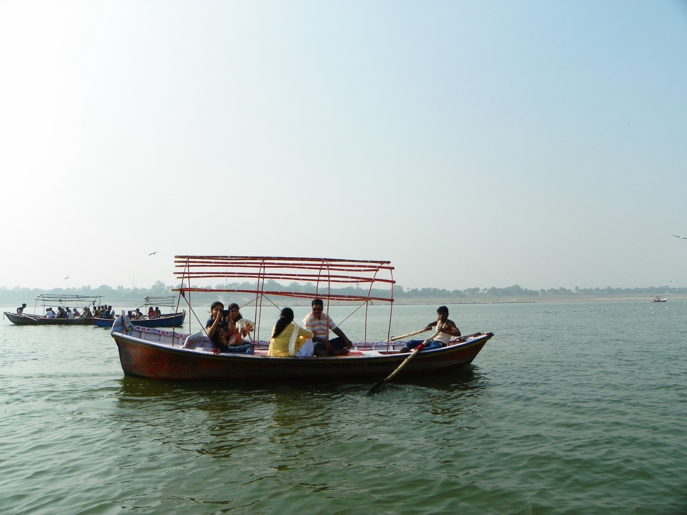 Photograph of boats on the Triveni Sangam, the confluence of the Ganges and Yamuna at Prayaga (Allahabad), the pilgrimage site Chaitanya Mahaprabhu reached at the end of this journey.