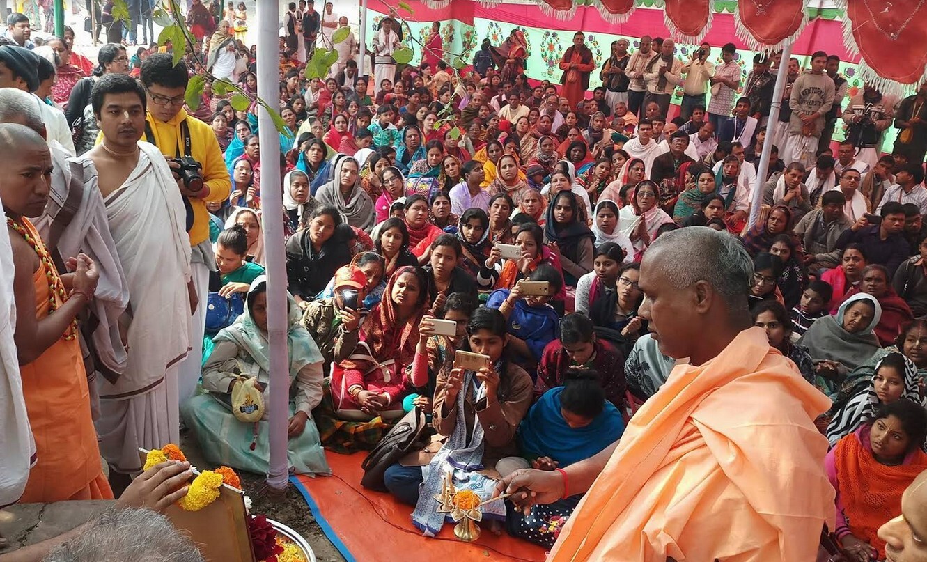 Devotees gathered at Gaurangabari temple, Kheturi Dham, Bangladesh, for the 2018 Narottama Purnima festival - the modern continuation, on the same site, of the celebration Santosha Datta first funded and hosted.