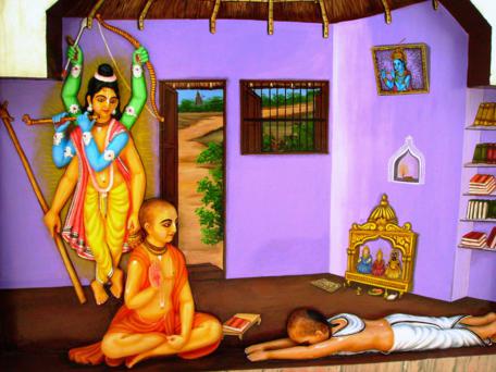 Sarvabhauma Bhattacharya beholds the six-armed vision of the Lord as Sri Chaitanya Mahaprabhu lies prostrate before him.
