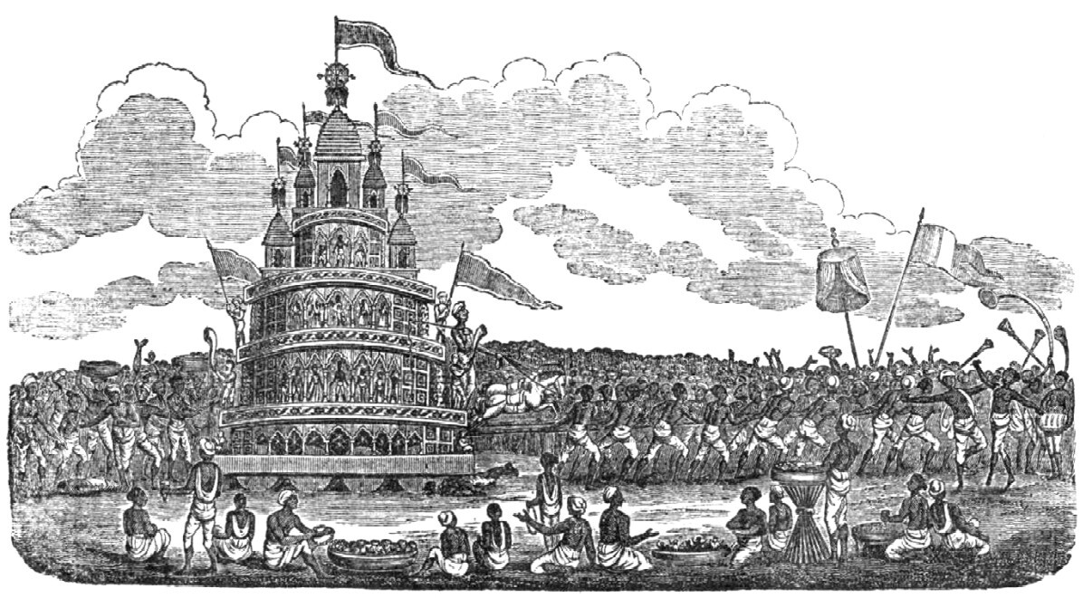 A 19th-century engraving of the Jagannatha Ratha-yatra chariot at Puri, showing the crowd of pilgrims physically hauling the chariot forward on its ropes — the same annual service for which Satyaraja Khan's family supplied silk rope.