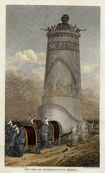 An 1814 hand-colored engraving, 'The Idol of the Juggernaut, in Orissa,' showing Lord Jagannatha's towering Ratha-yatra chariot being drawn by elephants at Puri — the chariot for which Satyaraja Khan's family supplied the pulling ropes ever