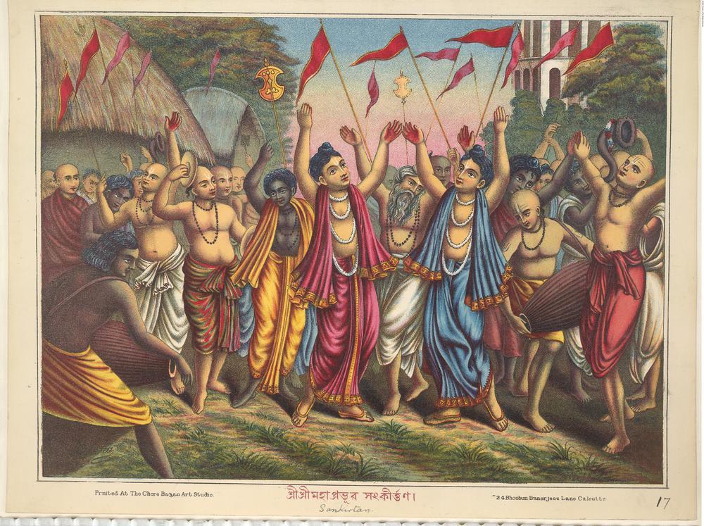A circa-1895 Indian colour lithograph in the British Museum's collection showing Sri Chaitanya Mahaprabhu (in red) and Nityananda Prabhu (in blue) dancing in ecstatic kirtana with devotees in Nabadwip — chosen for this page to illustrate th