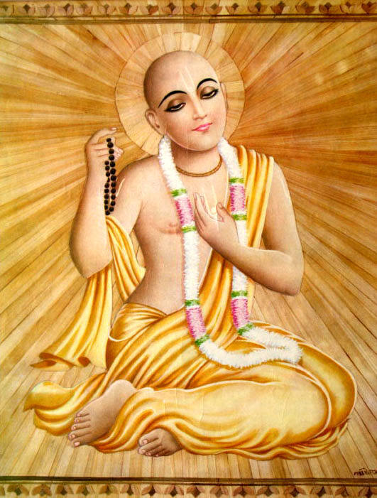 Traditional Gaudiya Vaishnava devotional painting of a young shaven-headed sannyasi in saffron cloth with tulsi neck-beads and japa mala, used to represent Vishvarupa (Shankararanya) on ISKCON Desire Tree's Sri Vishvarupa Mahotsava page. No
