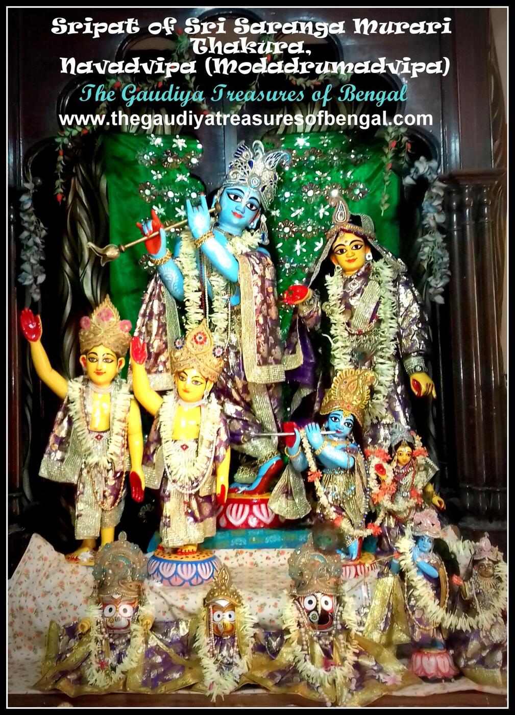 The Deities of Sri Sri Radha-Gopinatha, with Gaura-Nitai and other Deities, worshiped today at Sharanga Thakura's sripat in Mamgachi, Nabadwip.