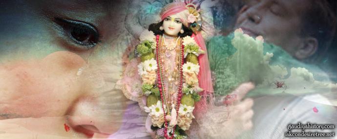 A devotional collage banner from Shikhi Mahiti's own biography page, centered on a flower-garlanded Deity of Krishna.